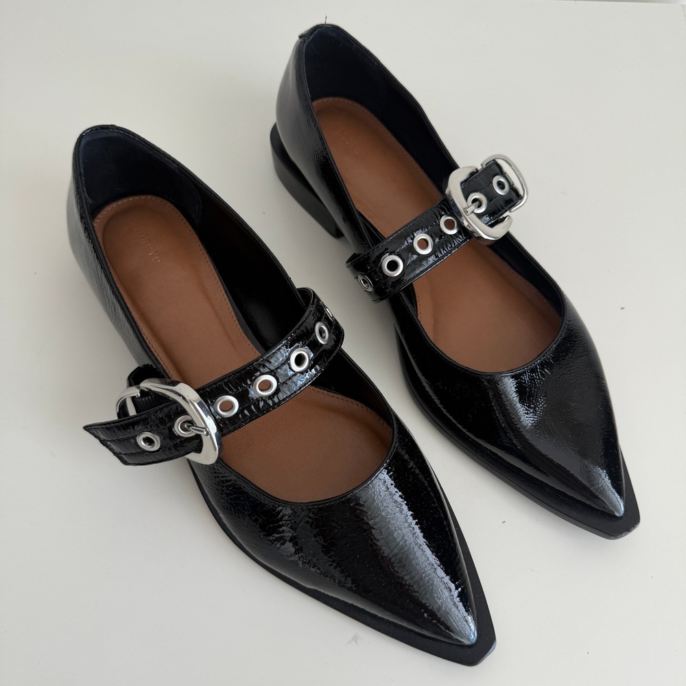 Anthropologie Maeve Mary Jane Shoes 9.5 Black Patent Leather Pointed Toe Buckle